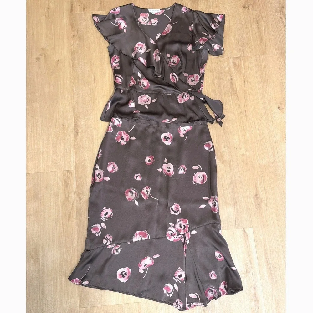 Gerard Darel Vintage Silk 2 Piece Set Brown Pink Floral Wrap Top Midi Skirt 42